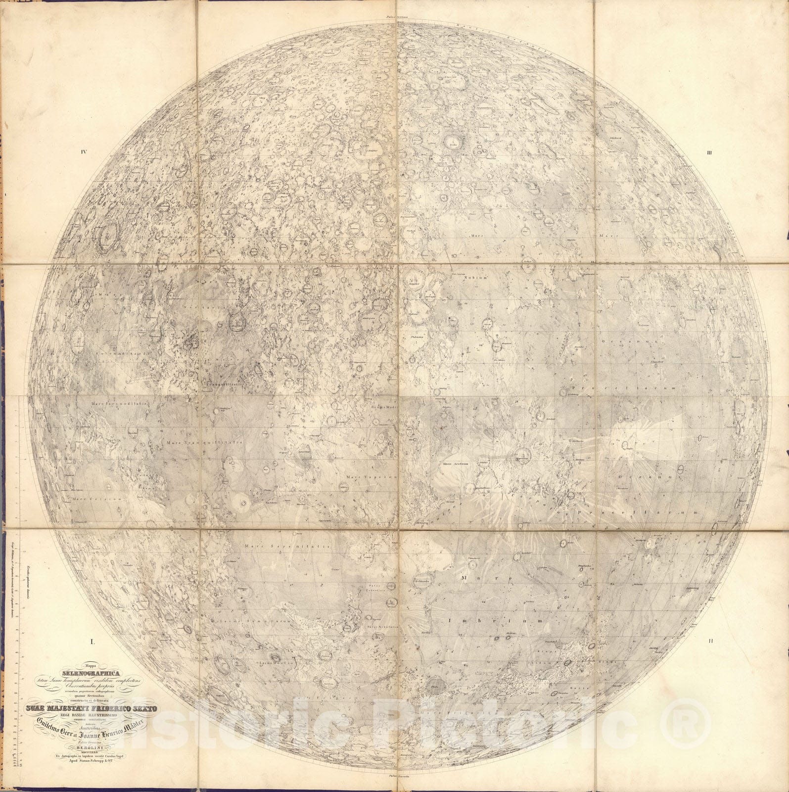 Historic Map - A map of The Entire Hemisphere of The Moon is Visible Mappa selenographica; totam lunae hemisphaeram visibilem complectens, 1834, - Vintage Wall Art