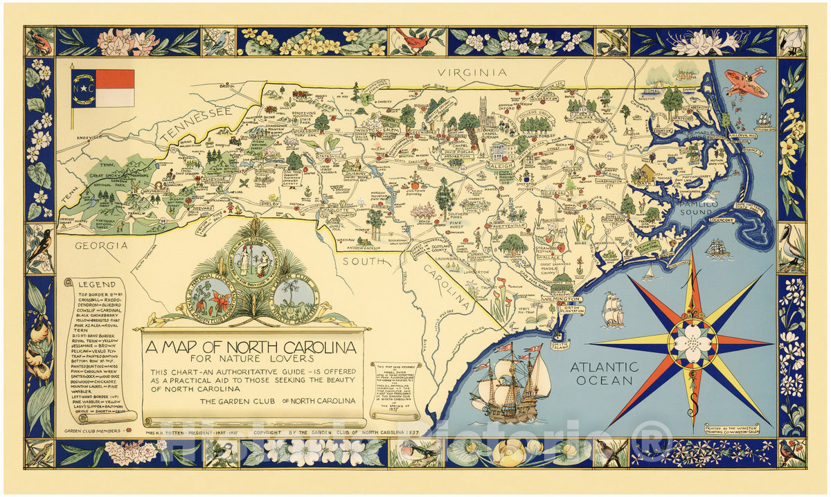 Historic Map,North Carolina for Nature Lovers The Garden Club of North Carolina, 1937 - Vintage Wall Art