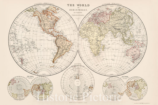 World in Hemispheres - Physical Map, 1882 - Historical Map Print