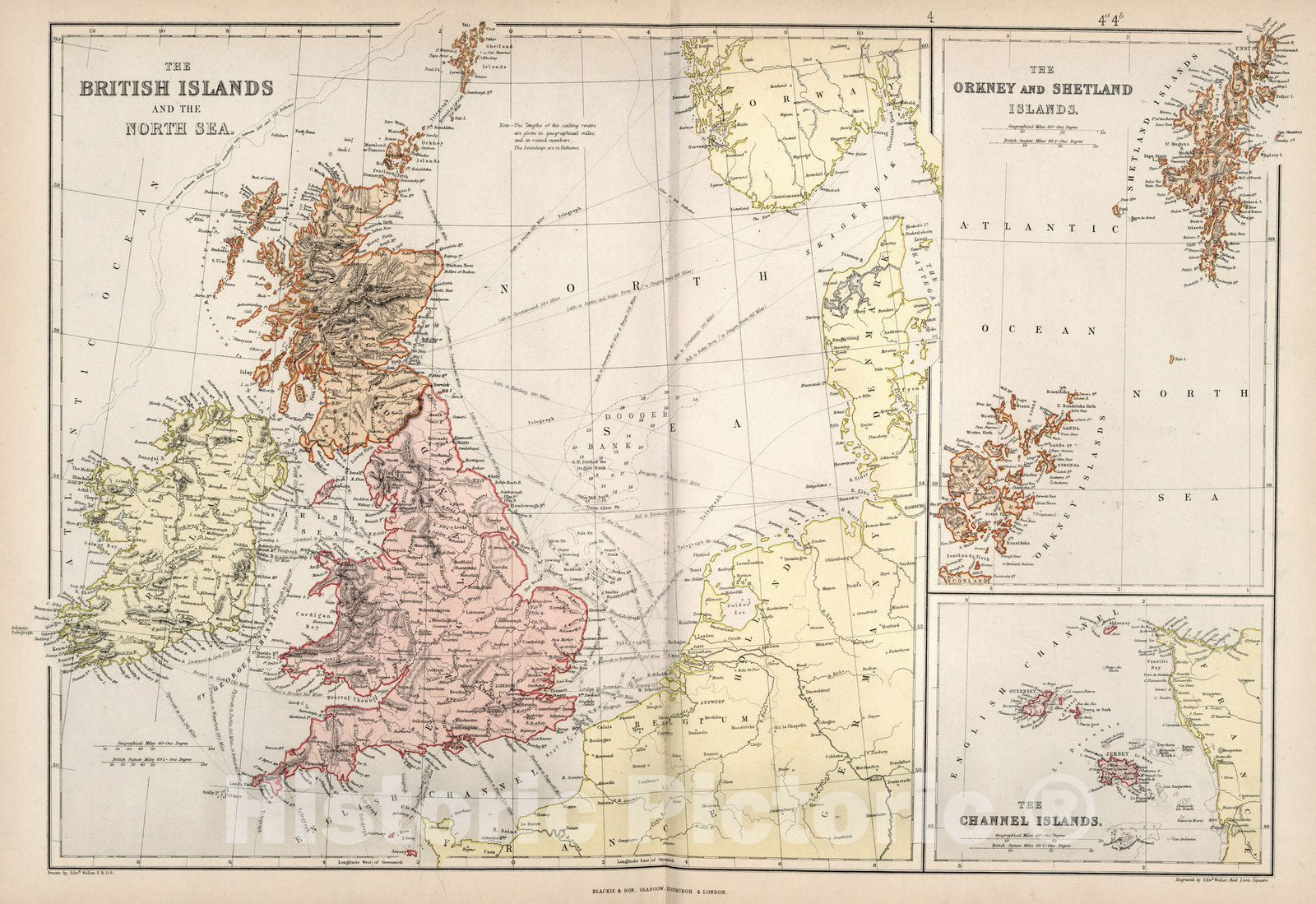 Historic Map : World Atlas Map, The British Islands and the North Sea. The Orkney and Shetland Islands. The Channel Islands. 1882 - Vintage Wall Art