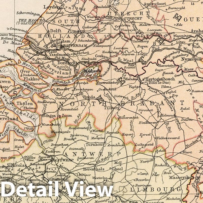 Belgium and The Netherlands - Physical Map, 1882 - Historical Map Reproduction