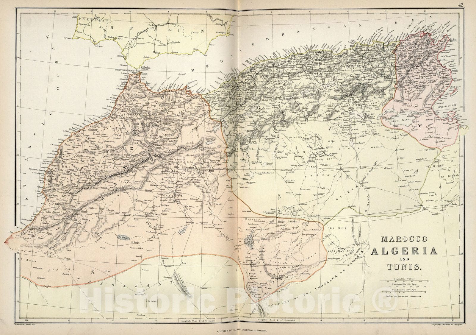 Historic Map : Morocco,Marocco, Algeria and Tunis. 1882 , Vintage Wall Art