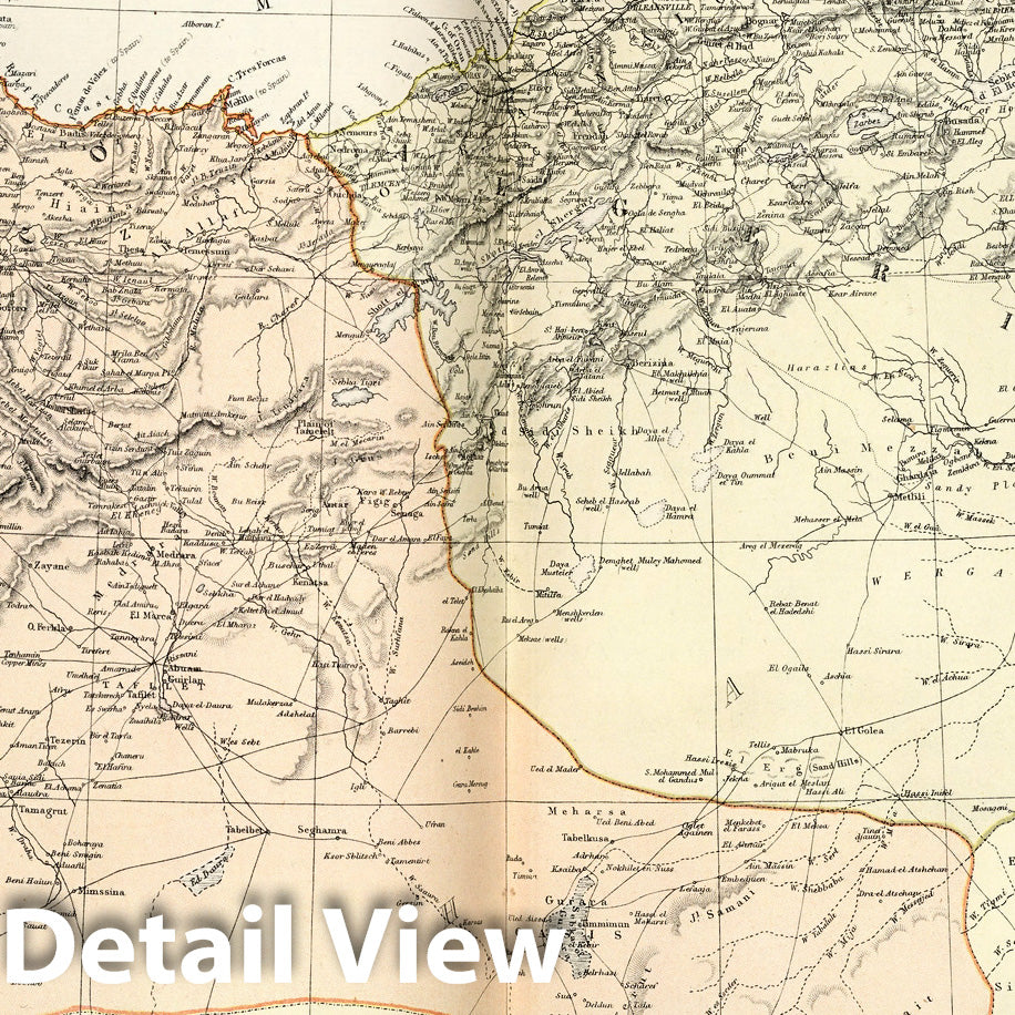 Morocco, Algeria, and Tunisia - Physical Map, 1882 - Historical Map Print