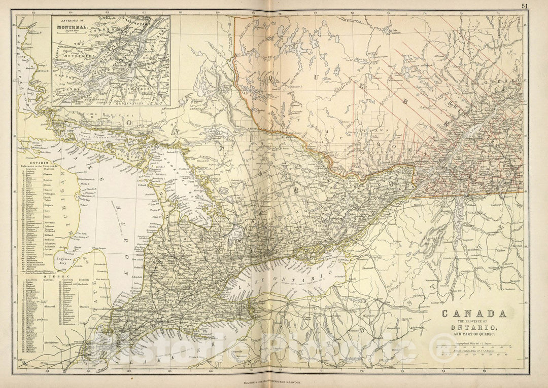 Historic Map : World Atlas Map, Canada, The Province of Ontario, and Part of Quebec. 1882 - Vintage Wall Art