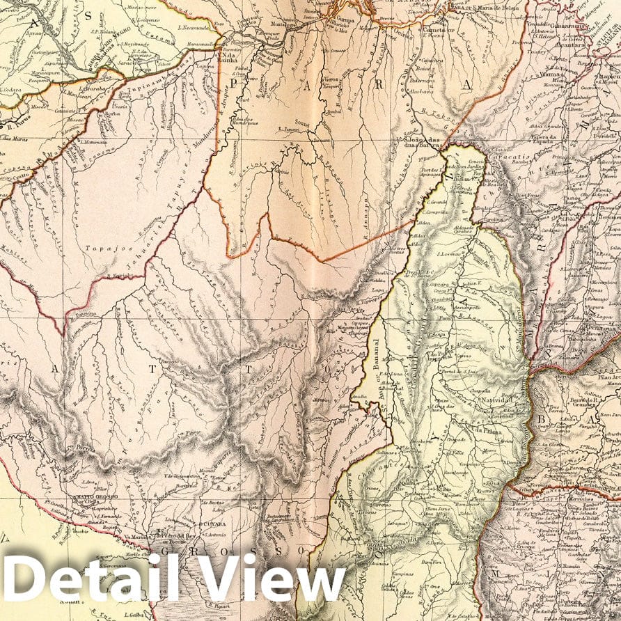 Brazil - Physical Map, 1882 - Historical Map Reproduction