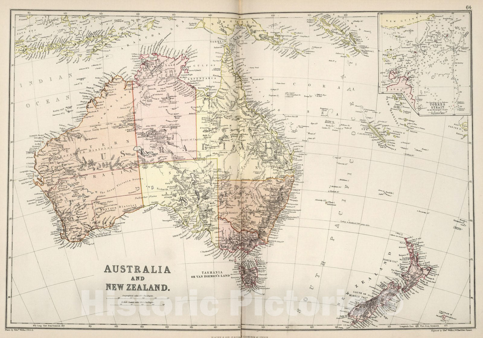 Australia and New Zealand with Torres Strait - Physical Map, 1882