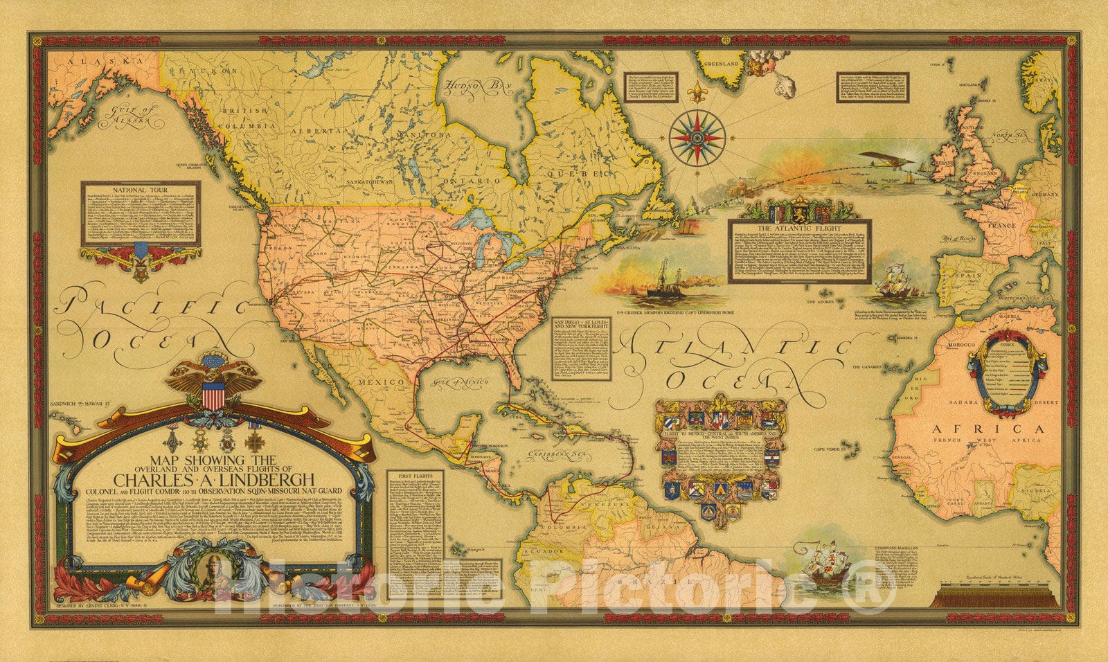 Lindbergh's Overland and Overseas Flights - Pictorial Map, 1928