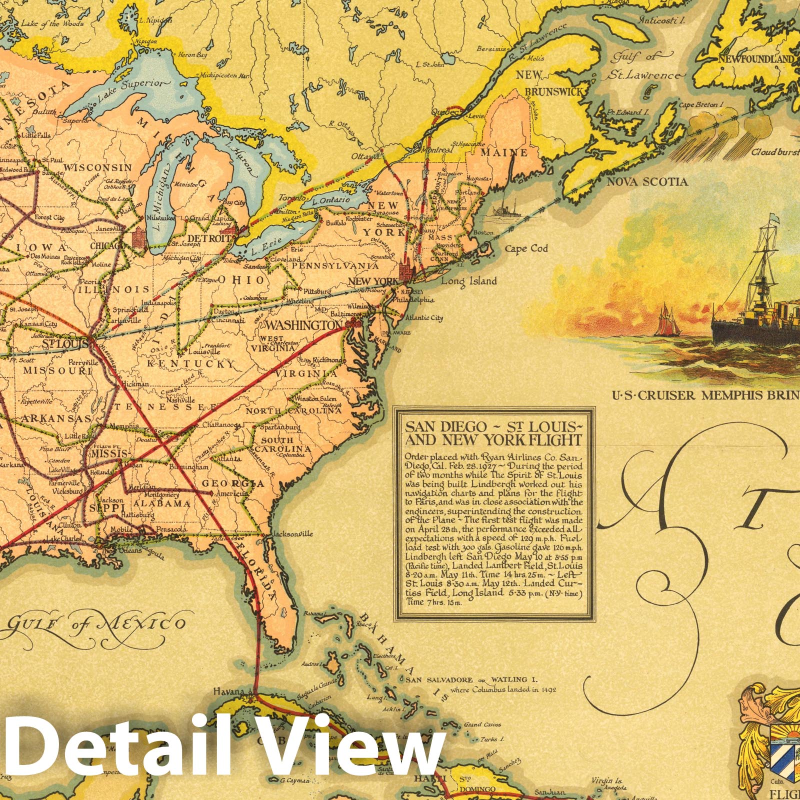 Lindbergh's Overland and Overseas Flights - Pictorial Map, 1928