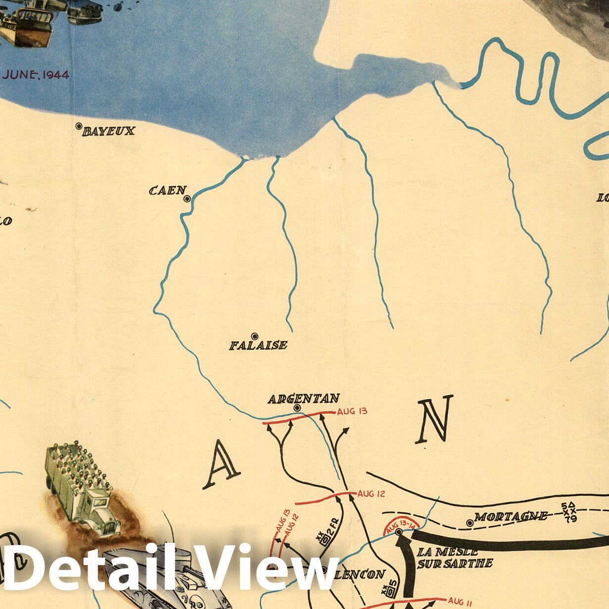 World War II: France, Normandy to Le Mans - Pictorial Map, 1944