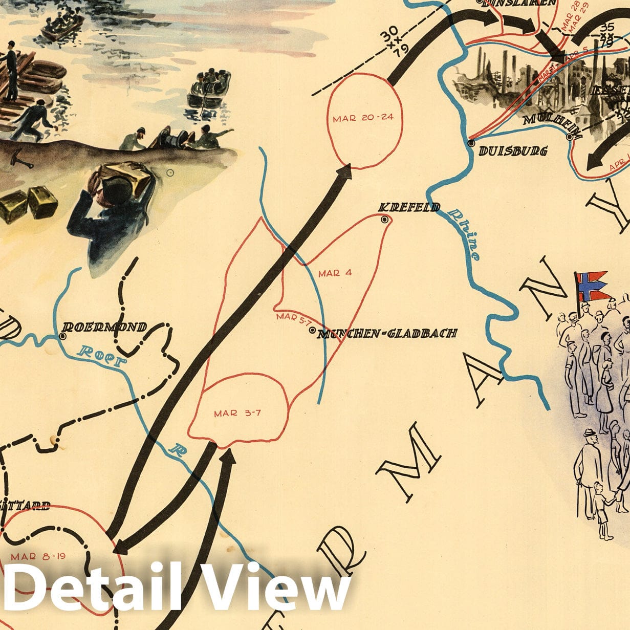 World War II: Rhine Crossing, France and Germany - Pictorial Map, 1945