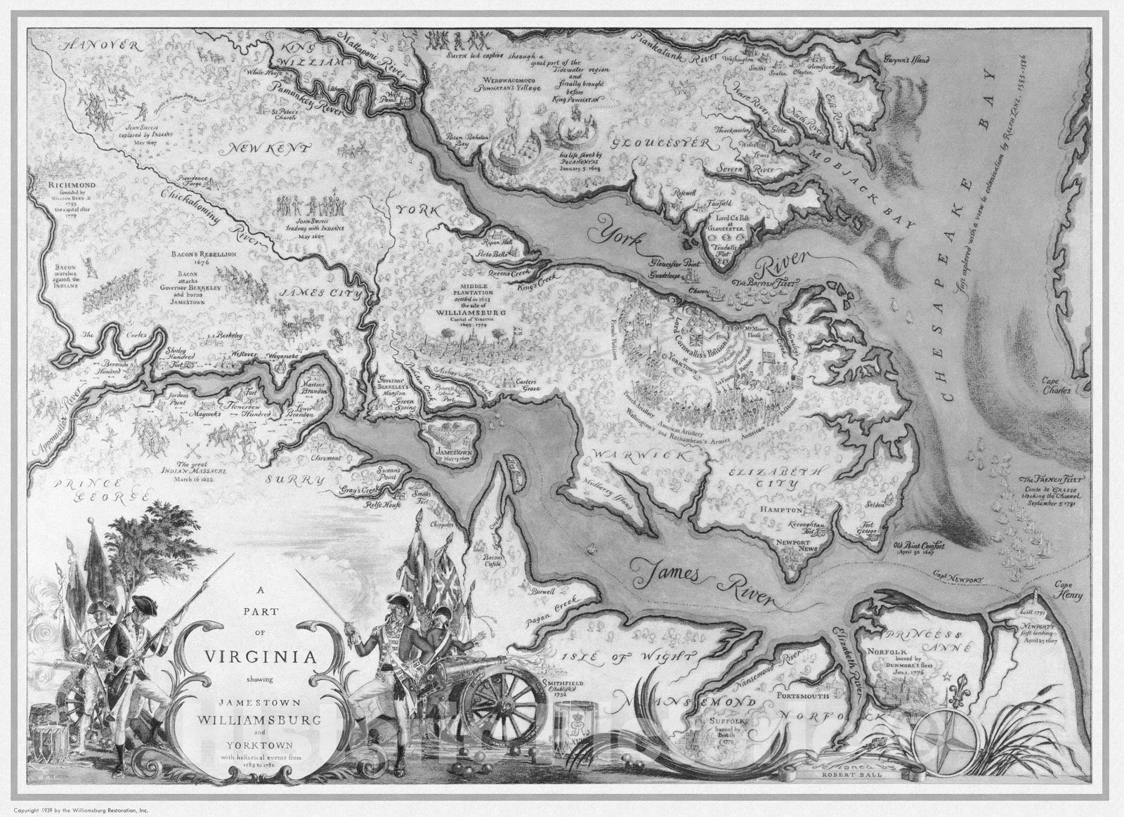 Virginia: Jamestown, Williamsburg, Yorktown - Pictorial Map, 1939