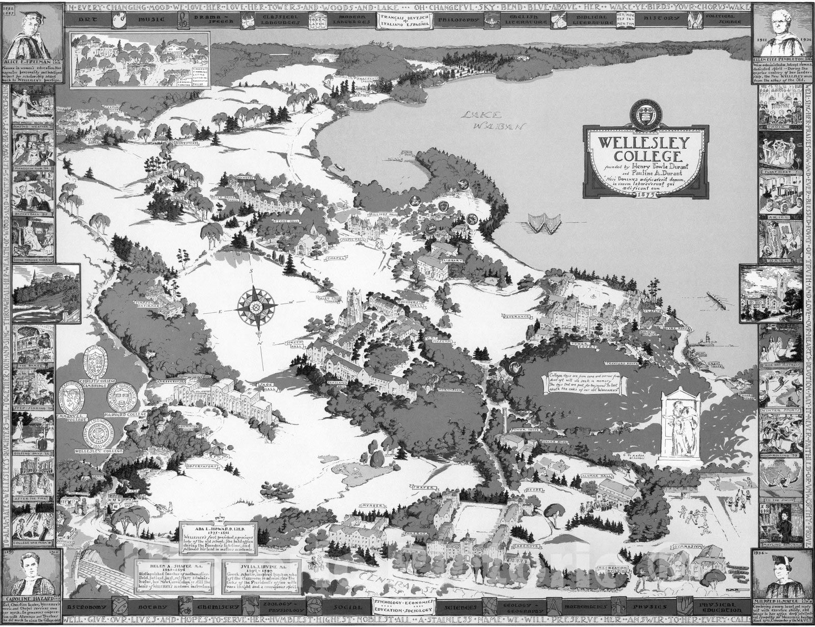 Historic Map : Wellesley college. Founded by Henry Fowle Durant and Paulina A. Durant 1943 - Vintage Wall Art