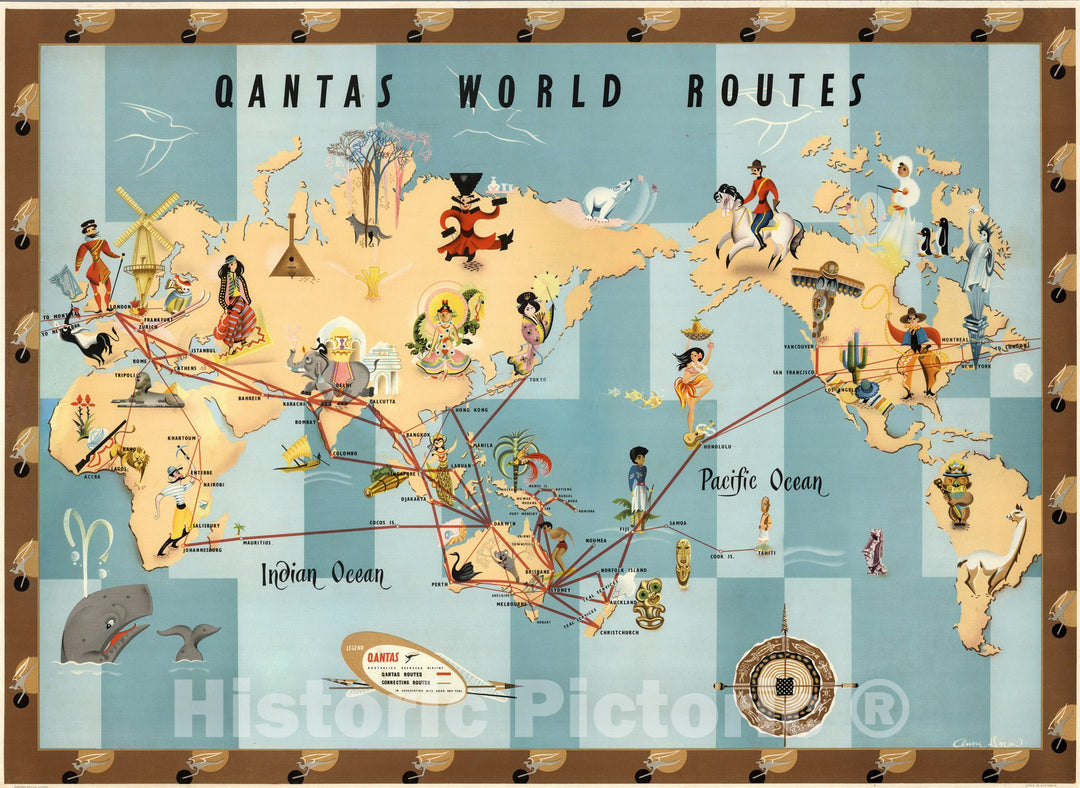 Historic Map : Qantas world routes. Anna Drew 1950 - Vintage Wall Art