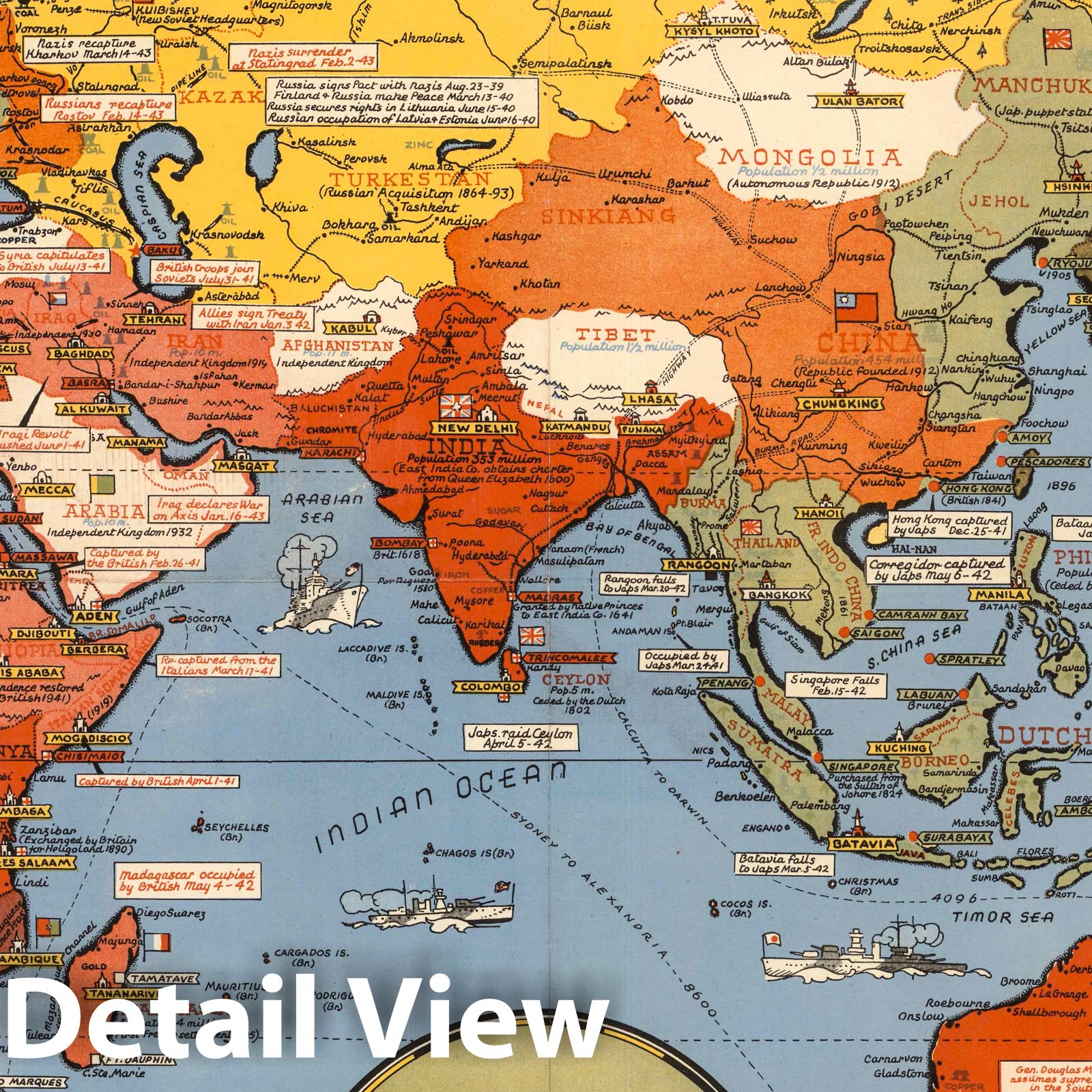 World War II: War Fronts and Allied Bases - Pictorial Map, 1943