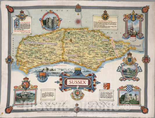 Historic Map : Sussex. Drawn by Ernest Clegg 1945 v1 - Vintage Wall Art