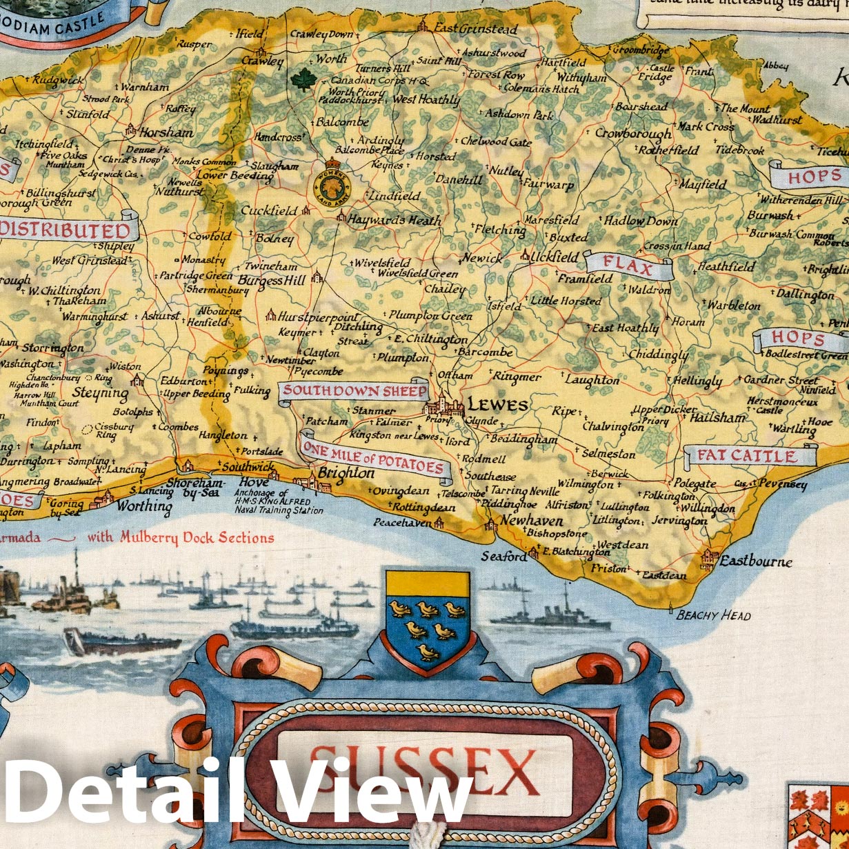 Sussex, England - Pictorial Map, 1945 - Historical Map Print