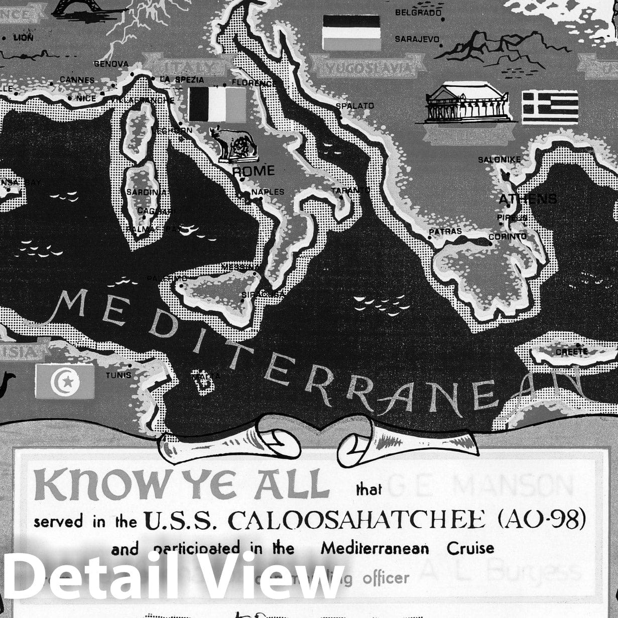 Mediterranean Region Pictorial Map 1951 - USS Caloosahatchee Cruise