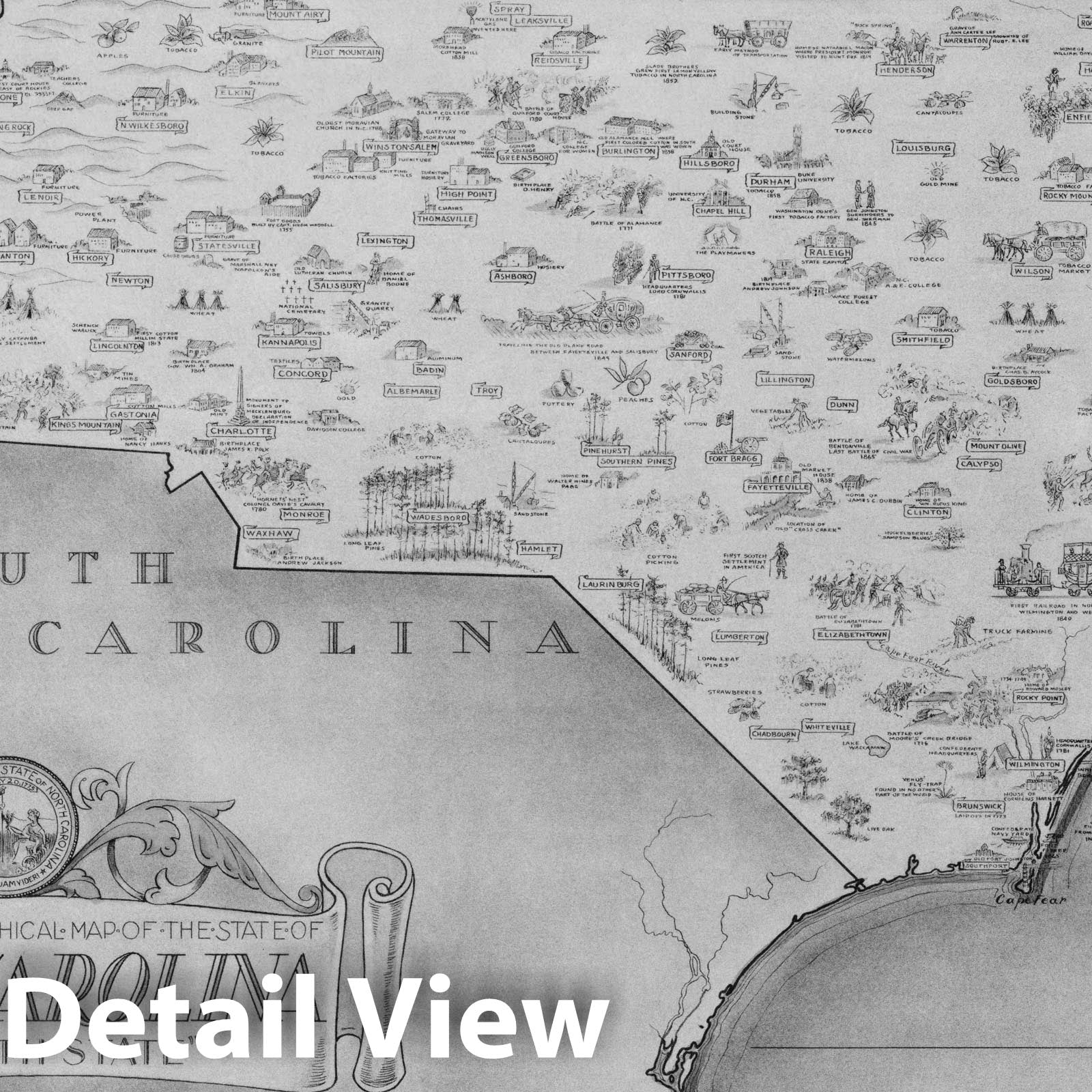 North Carolina - Pictorial Map, 1934 - Historical Map Print