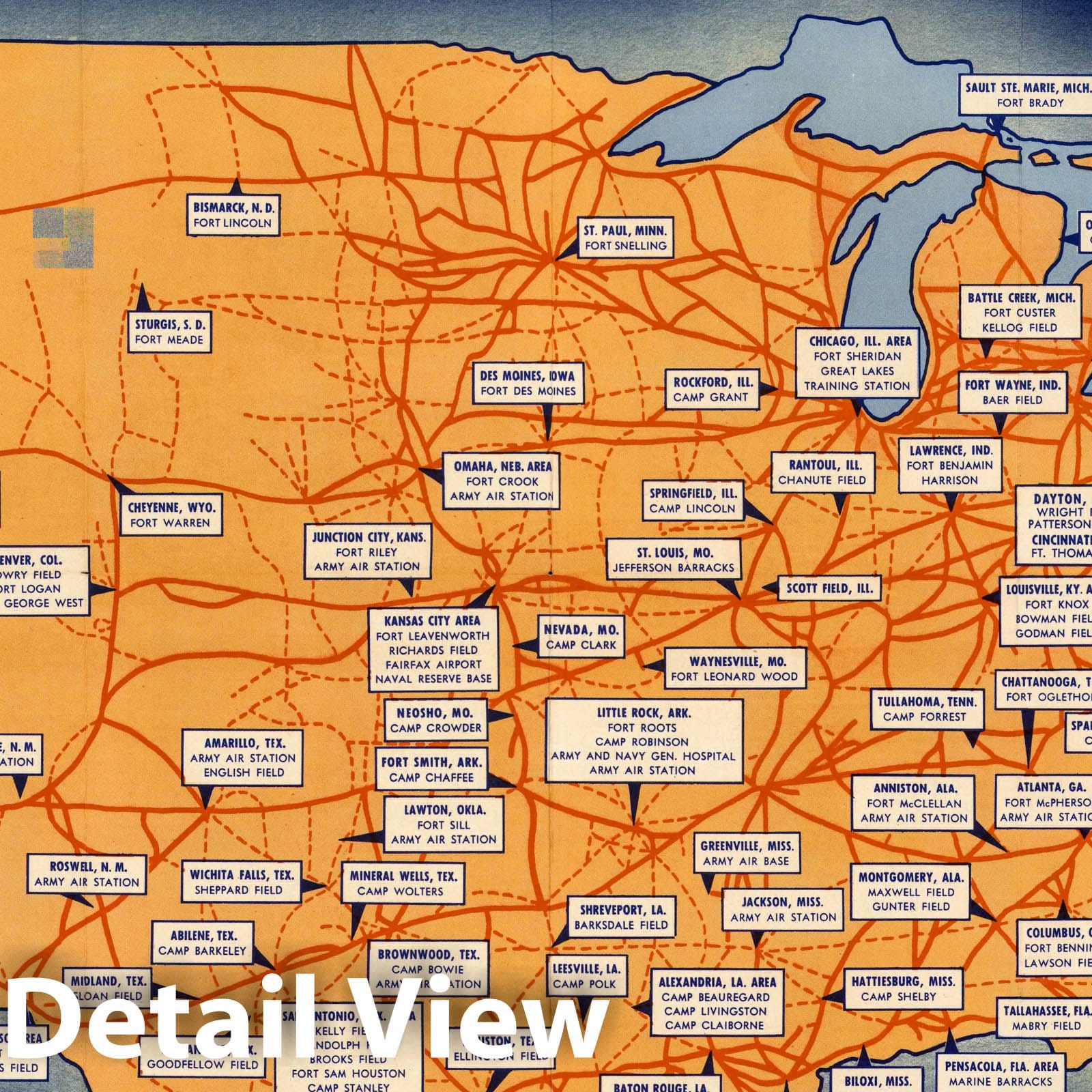 United States - Pictorial Map, 1942 - Military Bases & Greyhound Routes