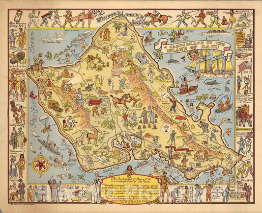Historic Map : A cartograph of the Island of Oahu. Drawn & colored by F. Gordon Chadwick 1933 - Vintage Wall Art