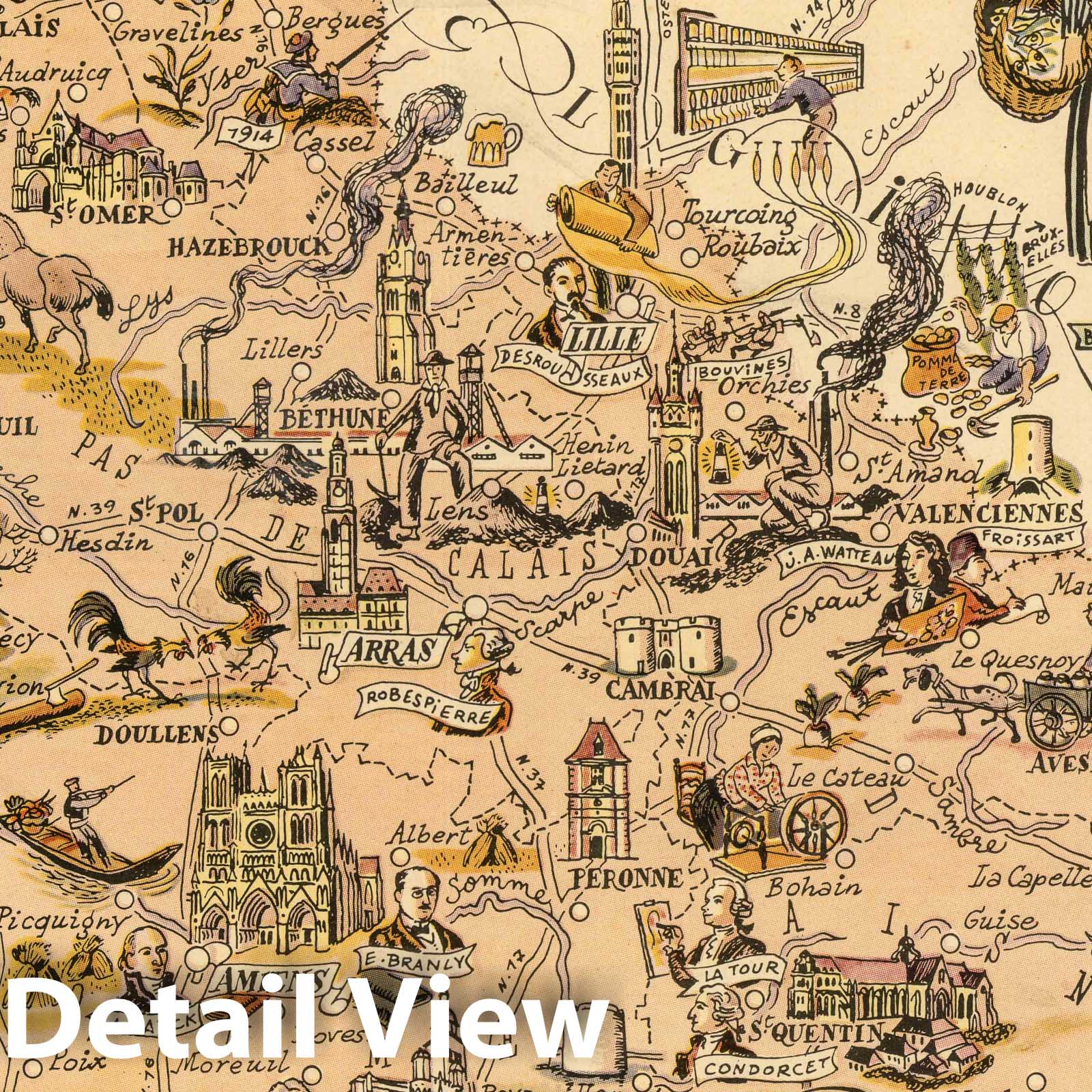 Nord, France - Pictorial Map, 1951 - Historical Map Print