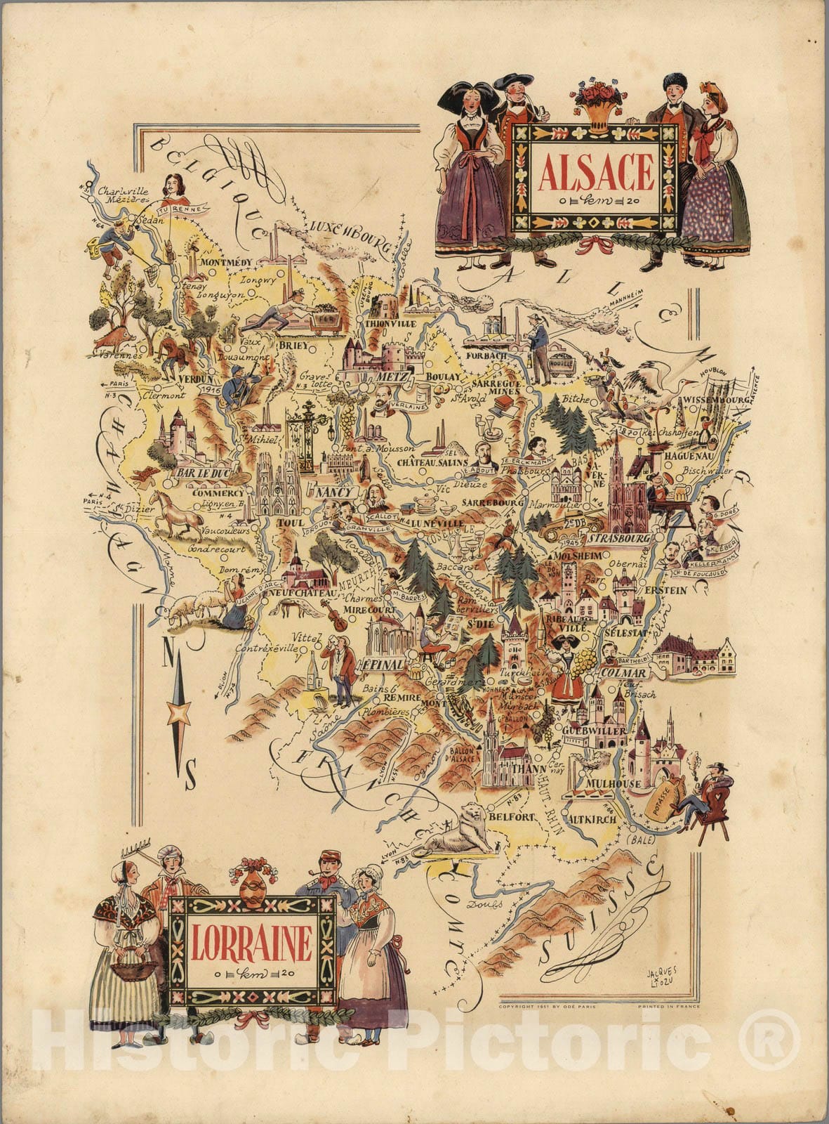 Alsace and Lorraine, France - Pictorial Map, 1951