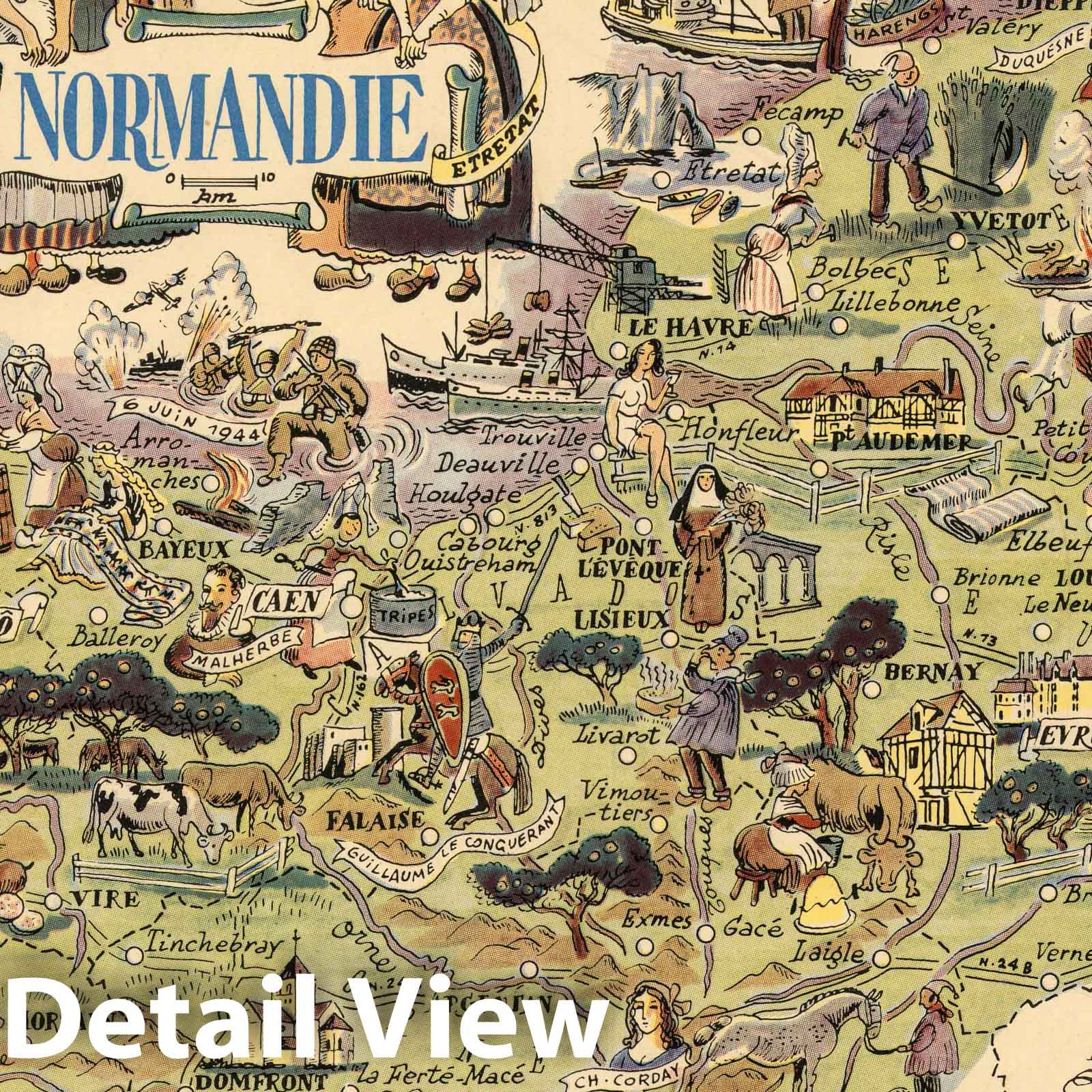 Normandy, France Pictorial Map, 1951 - Historical Map Reproduction