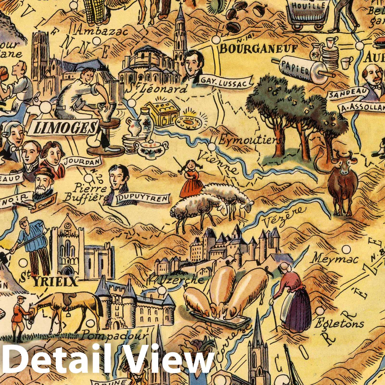 Limousin and Marche - Pictorial Map, 1951 - Historical Map Print