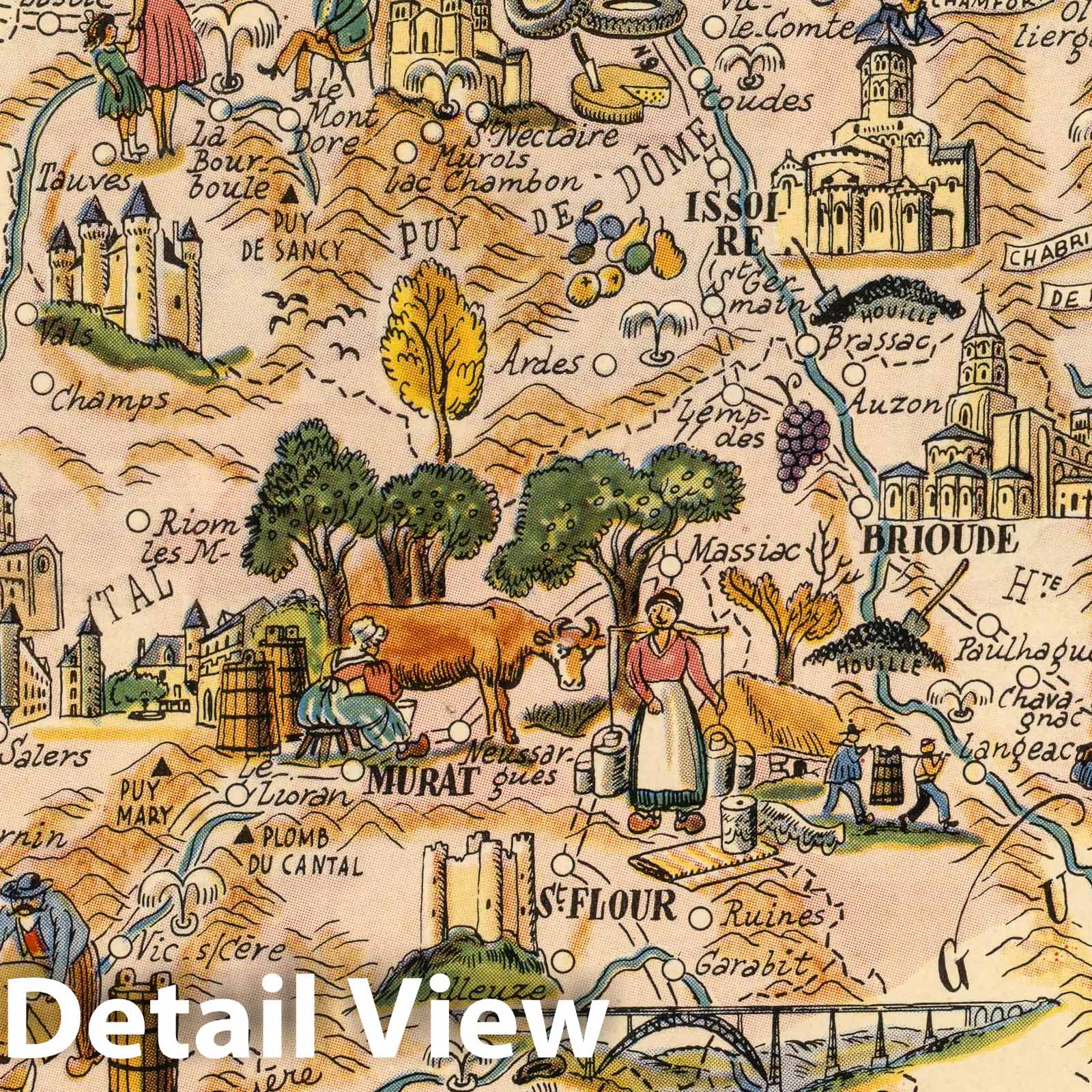 Auvergne, France - Pictorial Map, 1951 - Historical Map Print