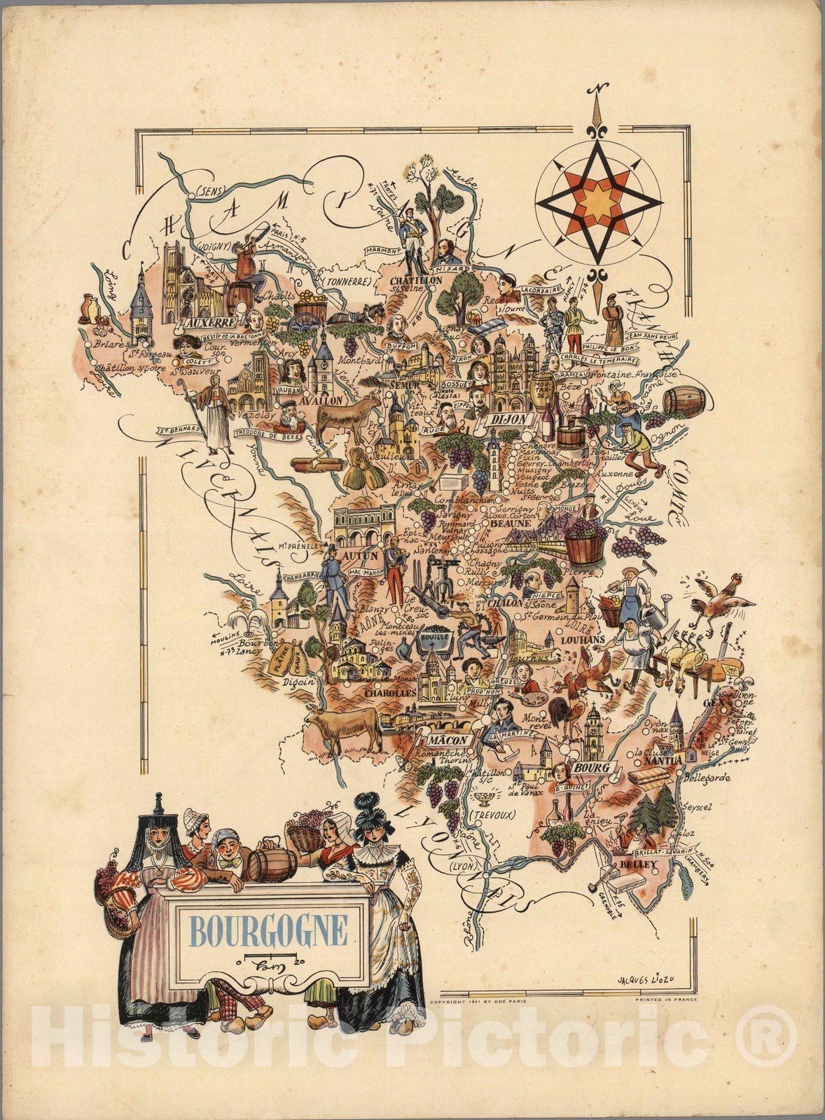 Burgundy, France - Pictorial Map, 1951
