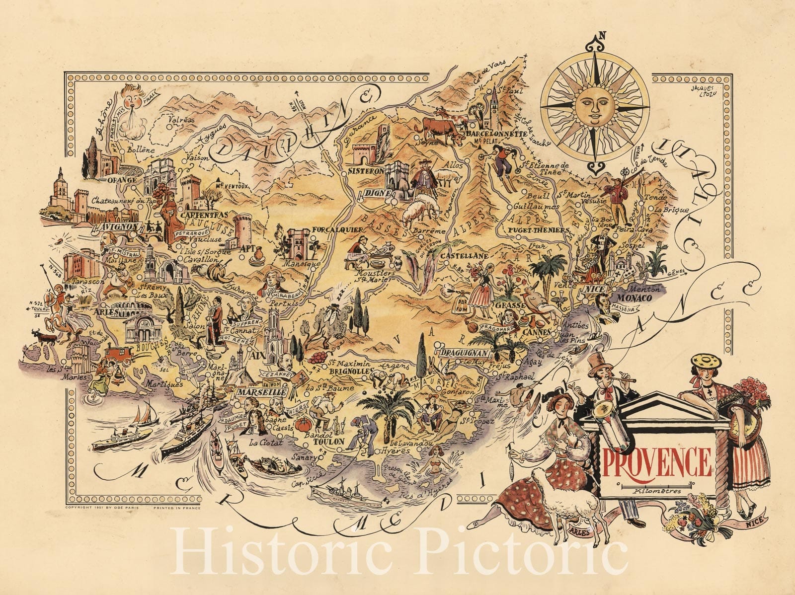 Historic Map : France, Provence. Jacques Liozu 1951 , Vintage Wall Art
