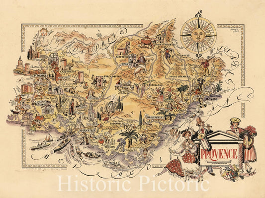 Provence, France - Pictorial Map, 1951 - Historical Map Print