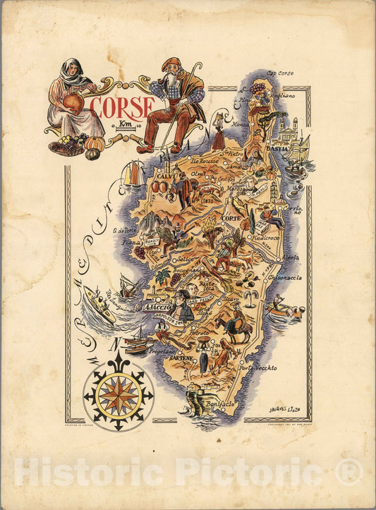 Historic Map : France, Corsica , France Corse. Jacques Liozu 1951 , Vintage Wall Art