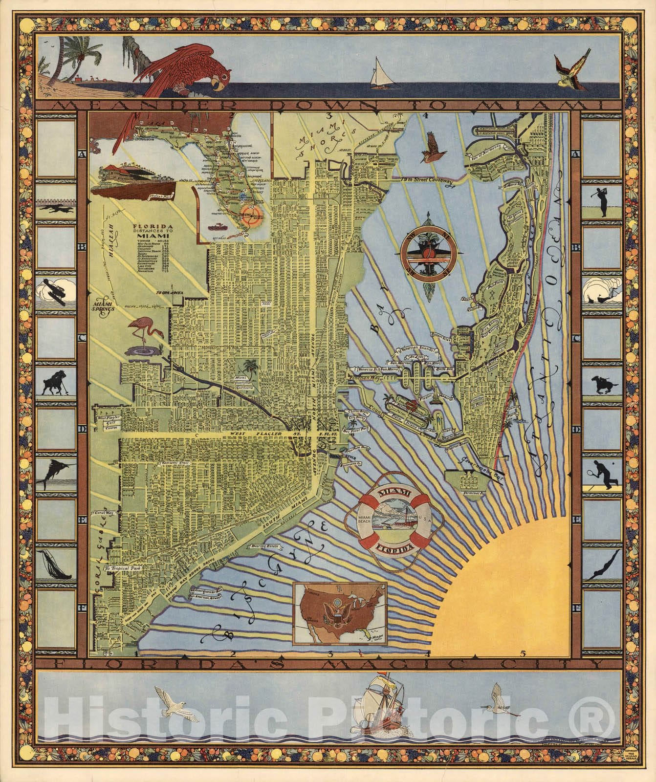 Miami, Florida - Pictorial Map, 1935 - Historical Map Print