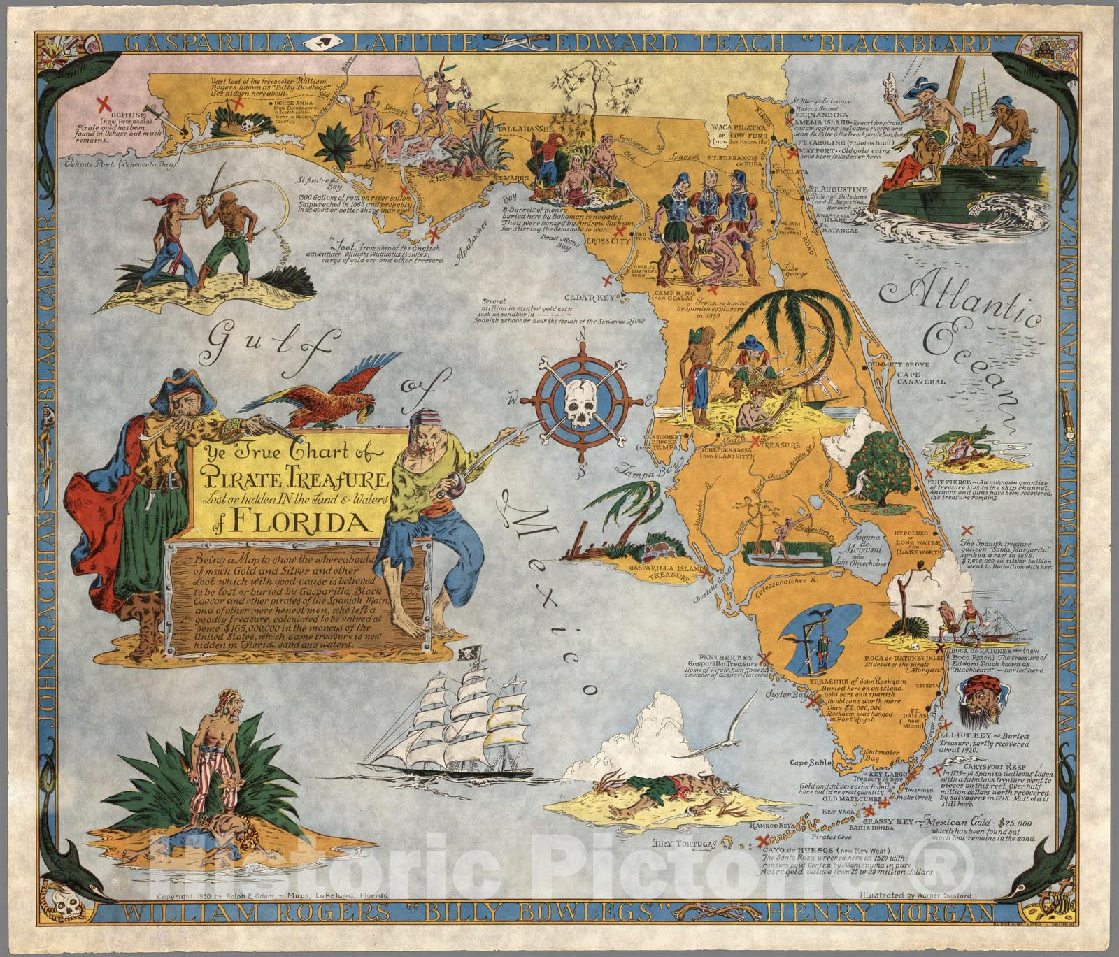 Florida - Pictorial Map, 1950 - Pirate Treasure Historical Map Print