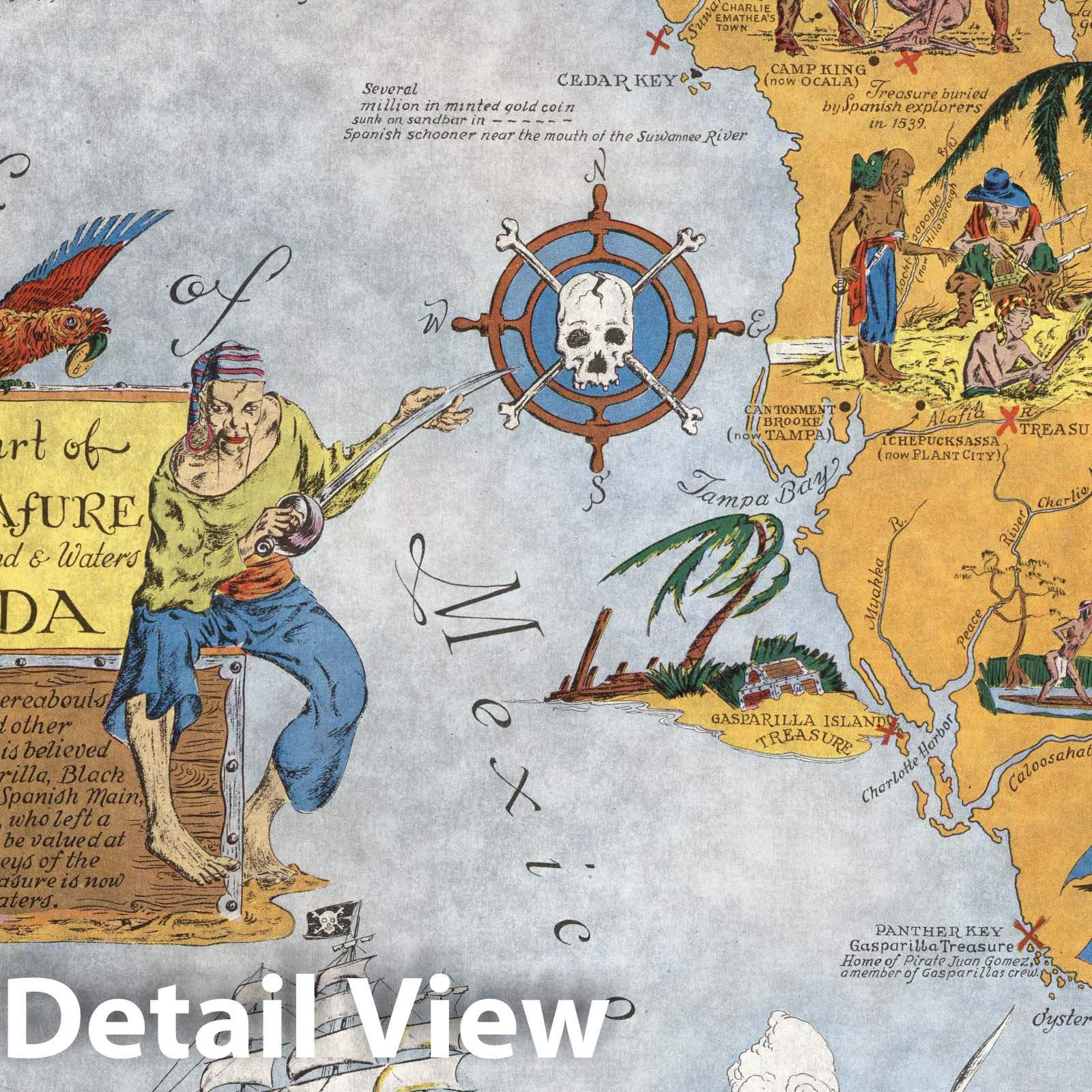 Florida - Pictorial Map, 1950 - Pirate Treasure Historical Map Print