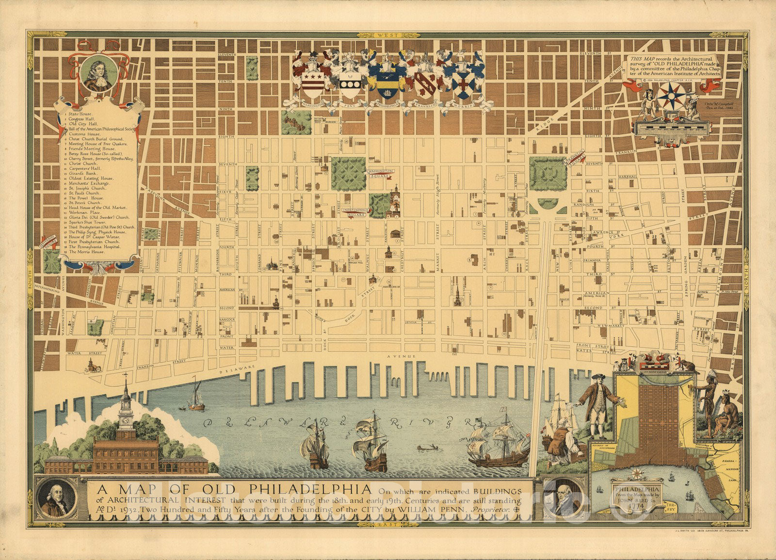 Philadelphia, Penn. - Pictorial Map, 1934 - Historic Buildings Print
