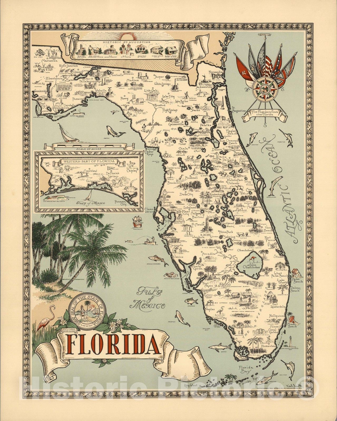 Florida - Pictorial Map, 1953 - Historical Map Print