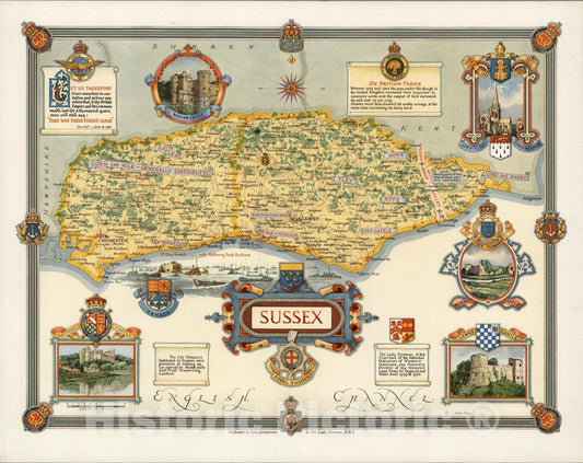Historic Map : Sussex. Drawn by Ernest Clegg 1945 v2 - Vintage Wall Art