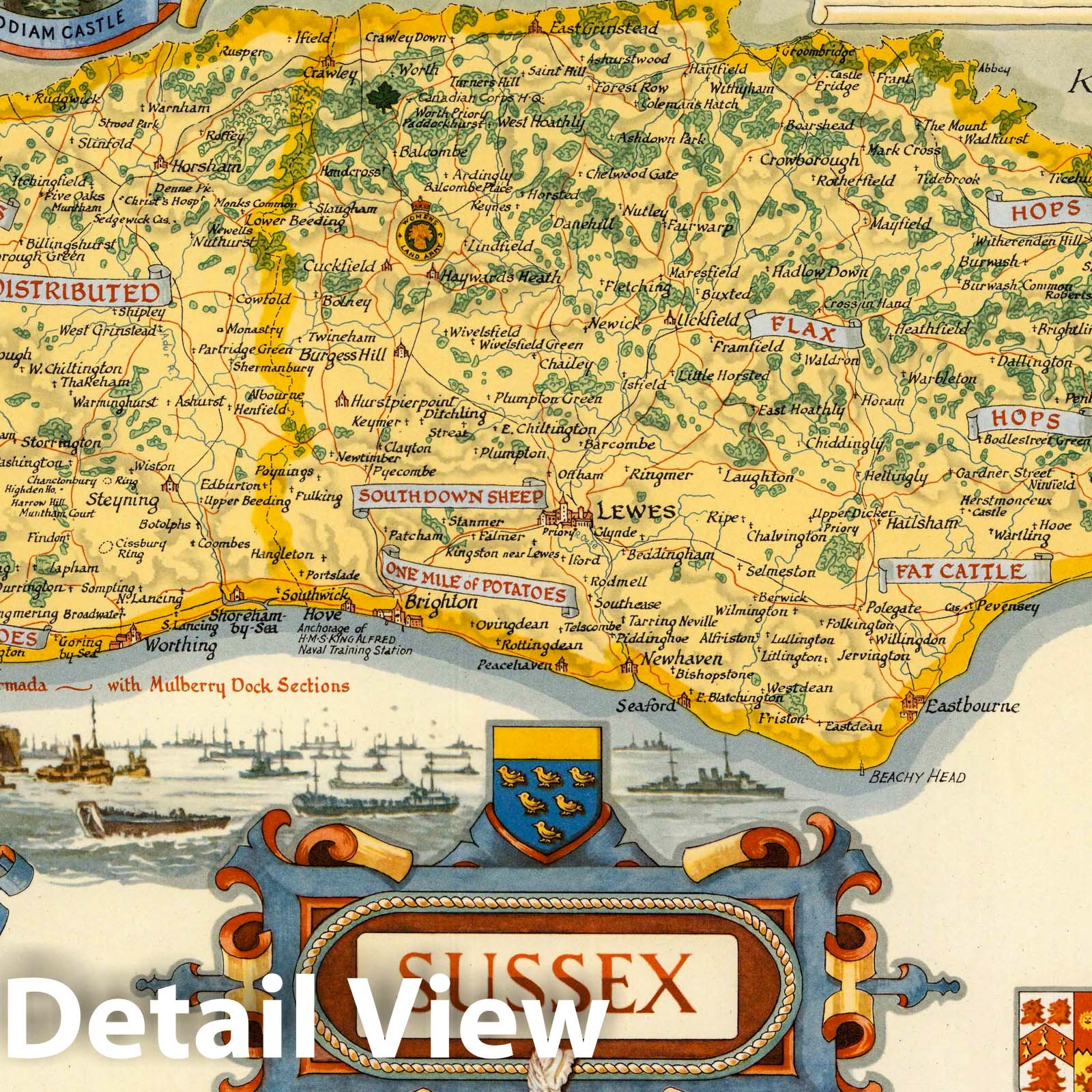 Sussex, England - Pictorial Map, 1945 - Historical Map Print