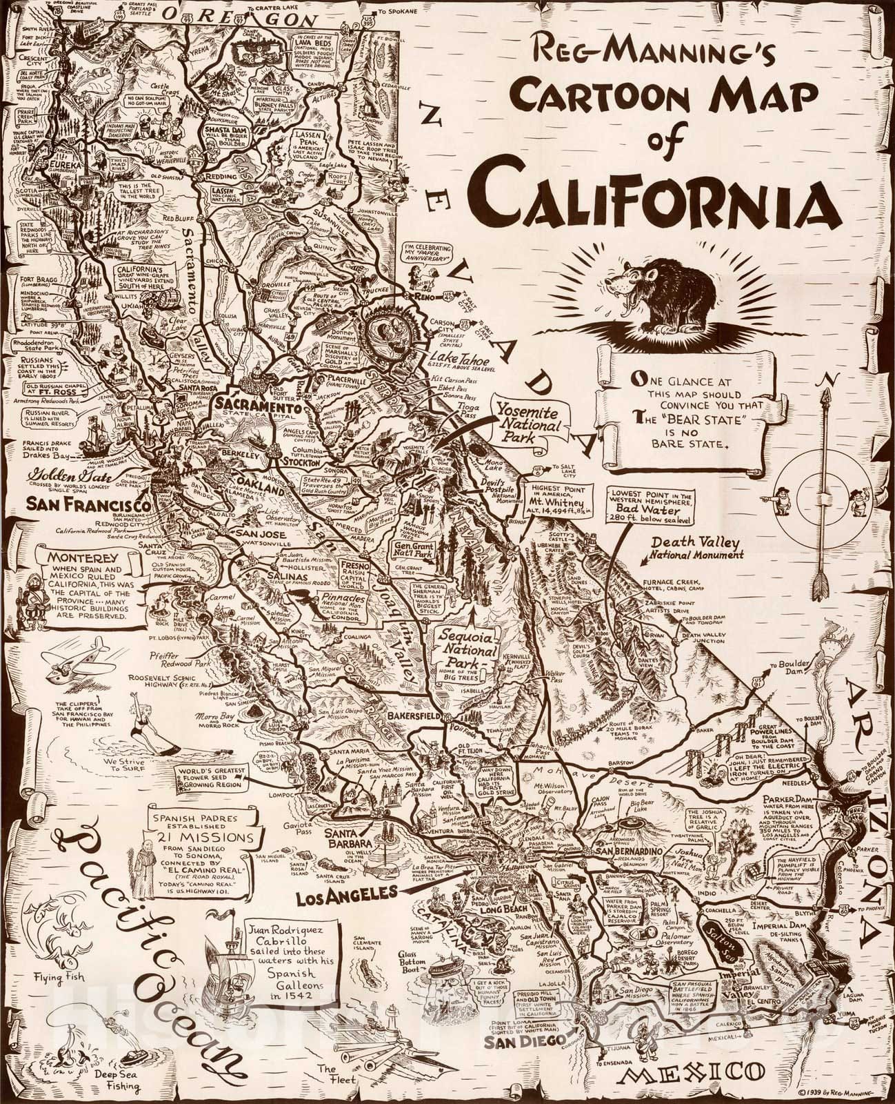 California - Pictorial Map, 1939 - Reg Manning Cartoon Map Print
