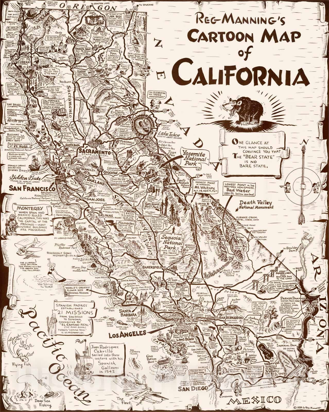 Historic Map - Separate Map: Reg Manning's Cartoon Map of California, 1939 - Vintage Wall Art
