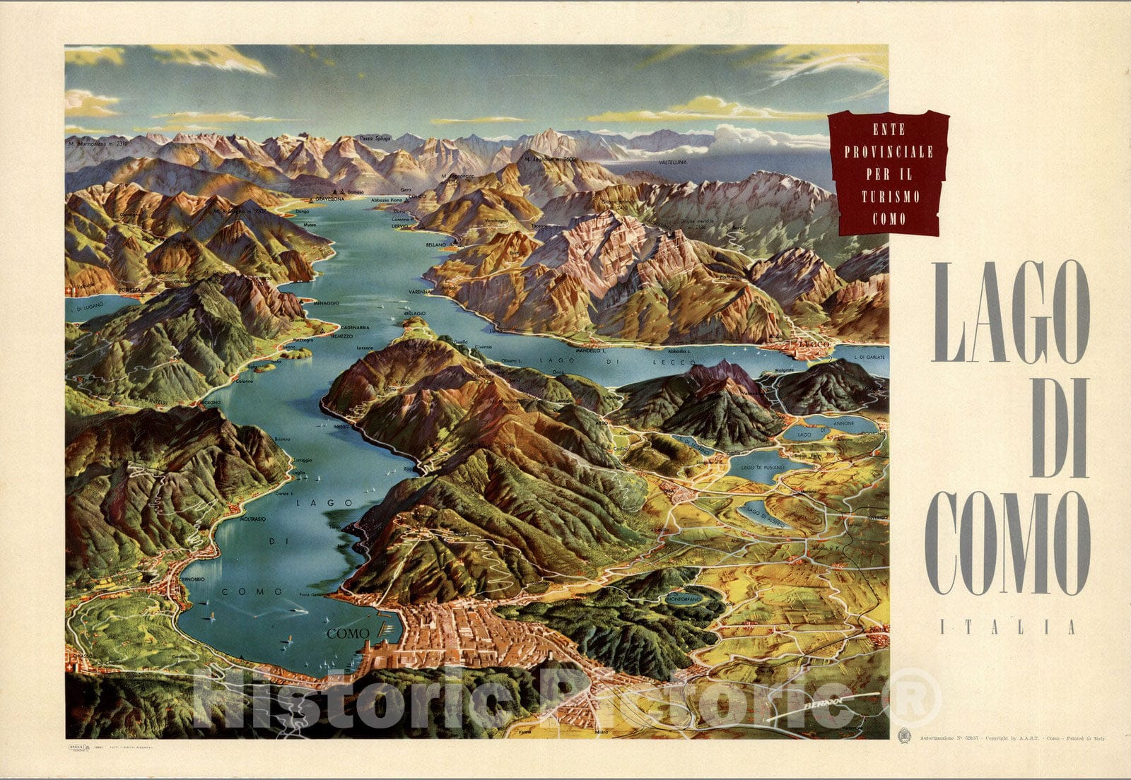Lake Como, Italy - Pictorial Map, 1957 - Historical Map Print