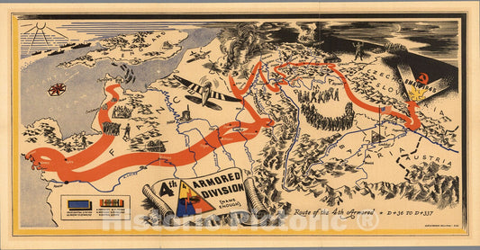 World War II: 4th Armored Division, Europe - Pictorial Map, 1945