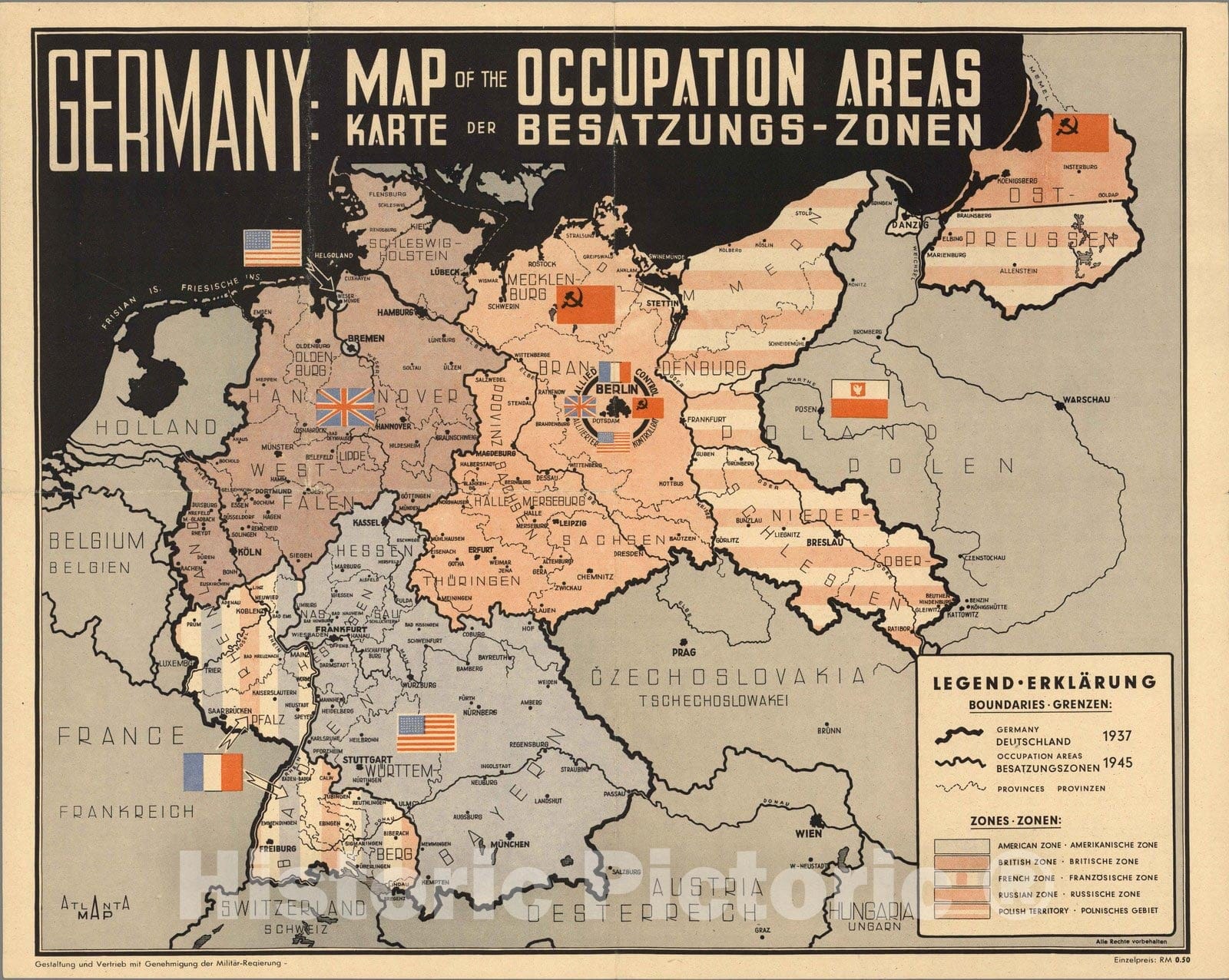 World War II: Germany - Occupation Areas, 1945 - Historical Map Print