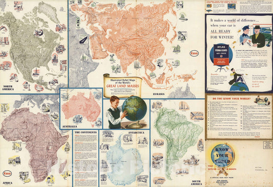 Historic Wall Map : Know Your World. Map: (Six) Illustrated Relief Maps of the World's Great Land Masses, 1958 - Vintage Wall Art