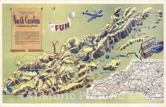 Historic Map : Western North Carolina, a Vacationist's Map and Guide, 1956 - Vintage Wall Art