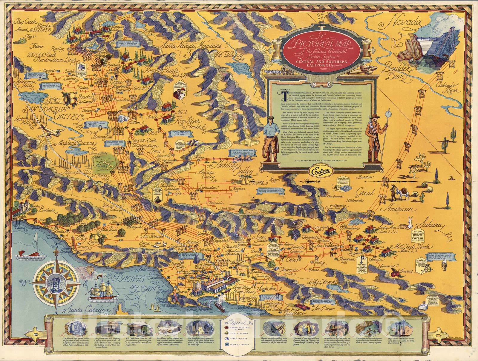 1935 Edison Electrical Service System Pictorial Map - Central and Southern California