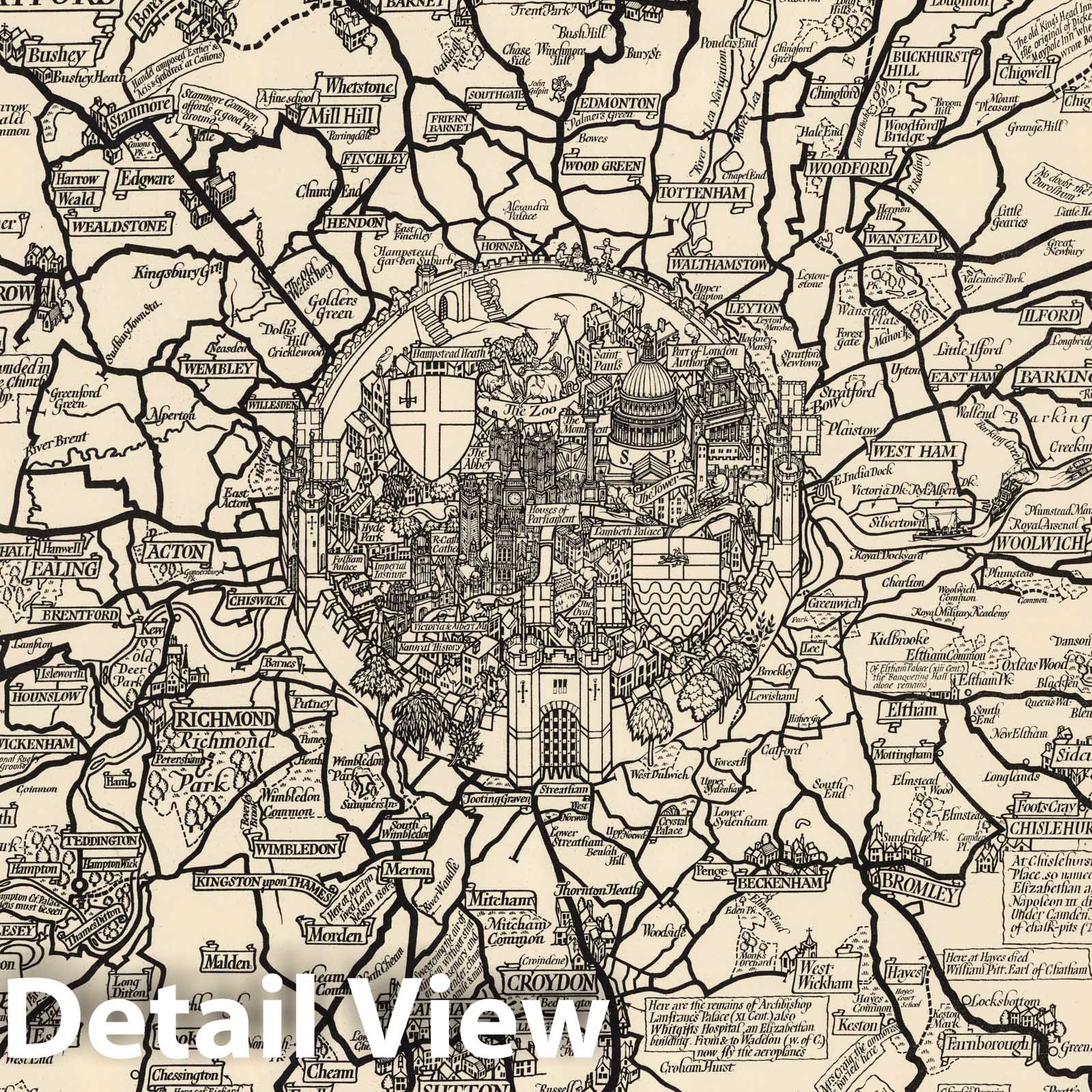 London - Pictorial Map, 1928 - Country Bus-Services Historical Map Print