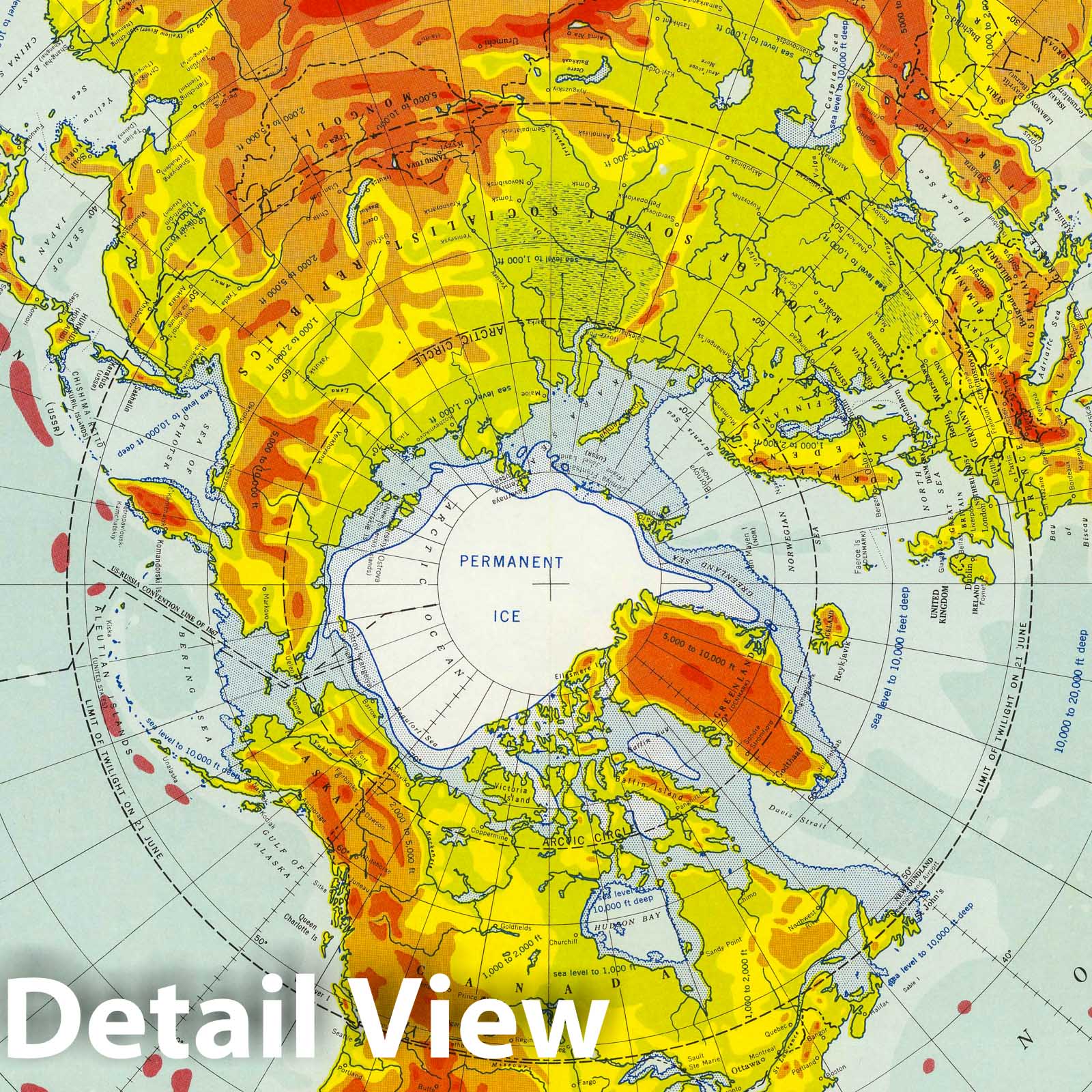 Northern Hemisphere - Physical Relief Map, 1957 - Historical Map Print